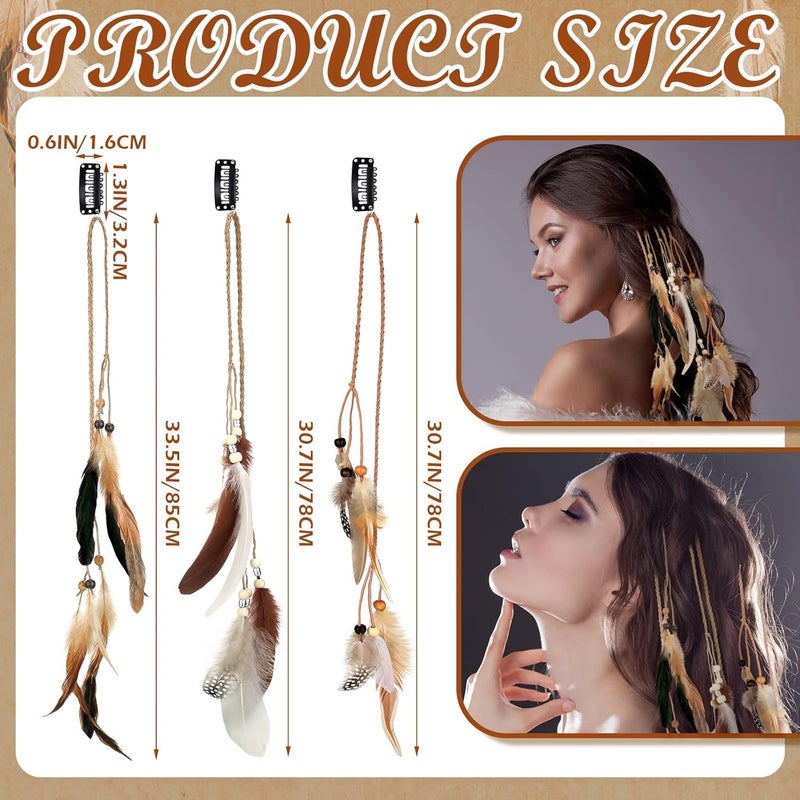Geyoga 12 Pcs Feather Hair Clip Boho Hair Extensions with Feather Clip Comb Hippie DIY Accessories Hairpin Tribal Braided Beads Headdress for Women(Brown, Dark Brown,Stylish) - Image 3